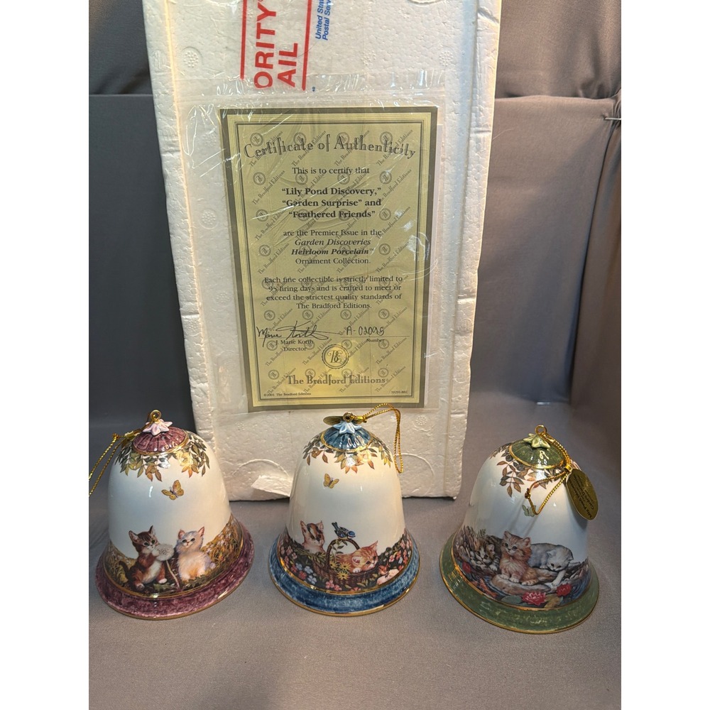 Bradford Editions Garden Discoveries Kitten Porcelain Bell Ornaments Set of 3